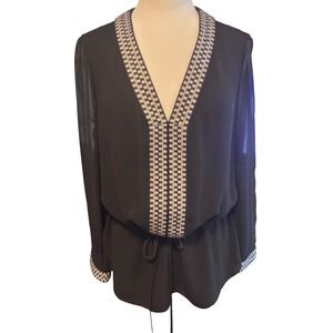 Tory Burch Silk Tunic Blouse Women 8 Black Excellent Embroidered V-Neck 52151136